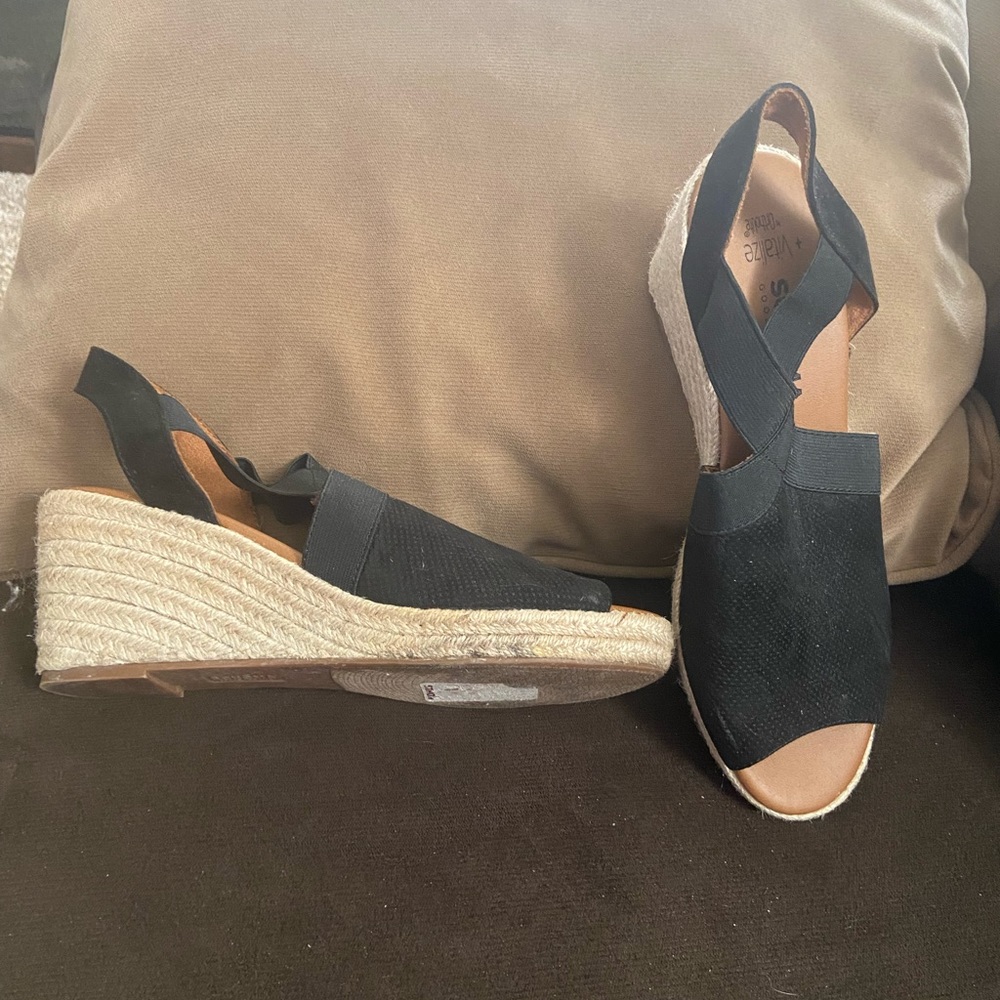 Gently used black canvas sandals, 31/4” wedge.